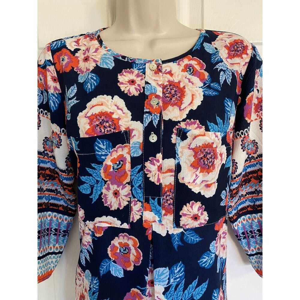 Fig Flower Small 1/4 Button Down Dress Floral Print Polyester 3/4 sleeve - Picture 5 of 9